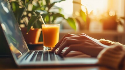 Close-up of hands typing on a laptop with a smoothie on the side, bright natural light, blurred ergonomic workspace in the background.