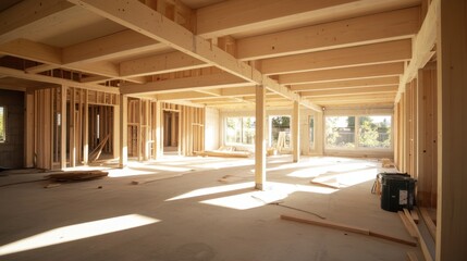 House construction in progress with exposed wooden beams. Natural light streams through open spaces, emphasizing the skeletal structure and the potential of the future home