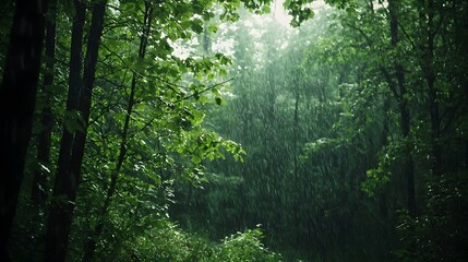 Obraz premium Gentle rainfall embraces lush forest landscape in tranquil nature scene