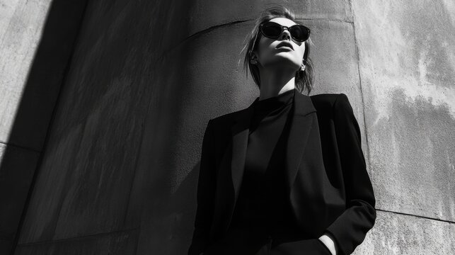 Monochrome outfit modern urban fashion sleek textures strong contrast dynamic poses high-fashion photography editorial street style