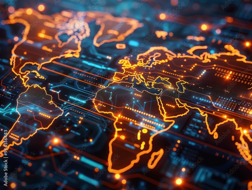 Poster illuminated world map with digital connections and neon highlights, showcasing global technology and