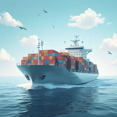 In a stunning digital masterpiece, a unique container ship adorns its silver vessel with a sparkling array of vibrant containers on its deck. As it navigates the peaceful ocean waters, a soft blue oce