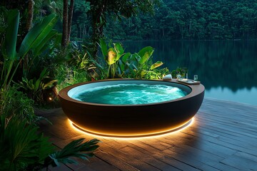 Outdoor bathtub, hot tub feature, best of both worlds combines the soothing warmth of a hot tub with the relaxation of a bathtub