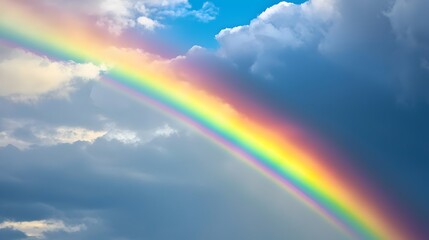 Naklejka premium Majestic Rainbow Arching Across Dramatic Cloudy Sky After Rainstorm