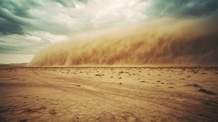 Dramatic Sandstorm Sweeping Across Barren Desert Landscape With Harsh Gritty Atmosphere