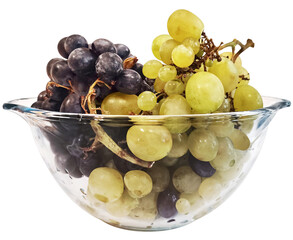 Bunch Of Black And White Grapes In The Glass Bowl Isolated On White Background Side View High Resolution Image