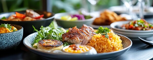 Obraz premium A vibrant plate of grilled chicken served with rice and fresh greens, perfect for showcasing culinary art and gourmet dining.