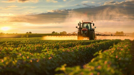 Fototapeta premium A tractor sprays pesticides on soybean crops in a farm field during a spring evening. Concept Farm life, Agriculture, Pesticide application, Soybean crops, Spring evening 