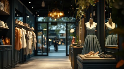 A luxurious, well-lit fashion boutique showcasing a beautifully designed dress or accessory in a visually enticing display.
