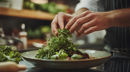 Close-up of chef's hand garnishing a seasonal dish with fresh herbs in a farm-to-table kitchen

