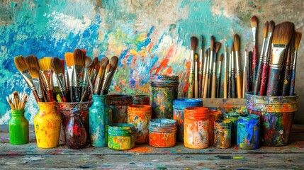 A carefully arranged selection of colorful paints, brushes, and canvases in an artist&acirc;&euro;&trade;s studio, ready for a creative project