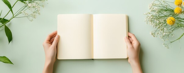 A serene overhead view of open hands holding a blank notebook with delicate flowers and greenery surrounding it.