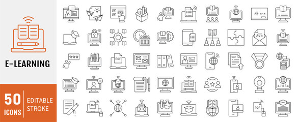 E-Learning line editable icon set. Containing icons: distance learning, virtual classroom, online learning, online course icon. Vector illustration.
