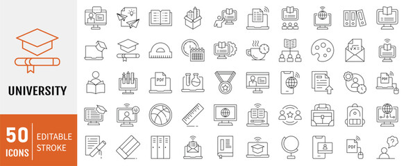 University icon set. Containing distance learning, virtual classroom, online course, e-learning icon. Editable stroke. Vector illustration