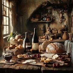 Fototapeta premium Rustic Still Life with Wine and Bread