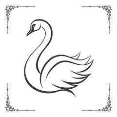 Sleek vector illustration of a graceful swan in minimalist line art, bold black silhouette.