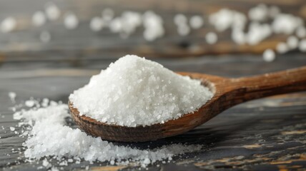 Crystalline salt on a wooden spoon on dark surface