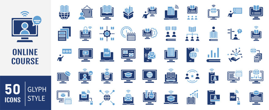 Online course icon set. Containing distance learning, virtual classroom, online learning, e-learning icon. vector illustration.