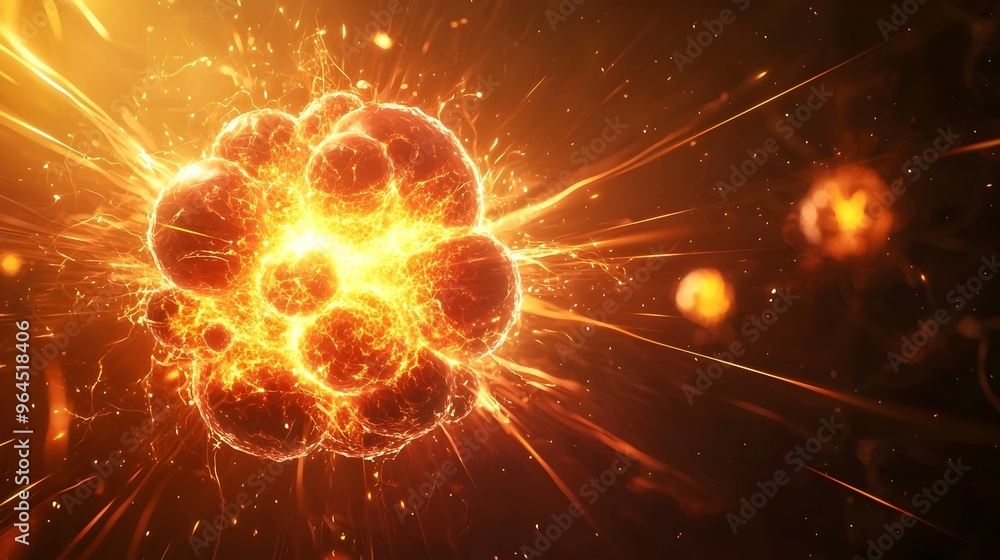 Poster visualizing the nuclear fission process with scattering particles and intense energy release