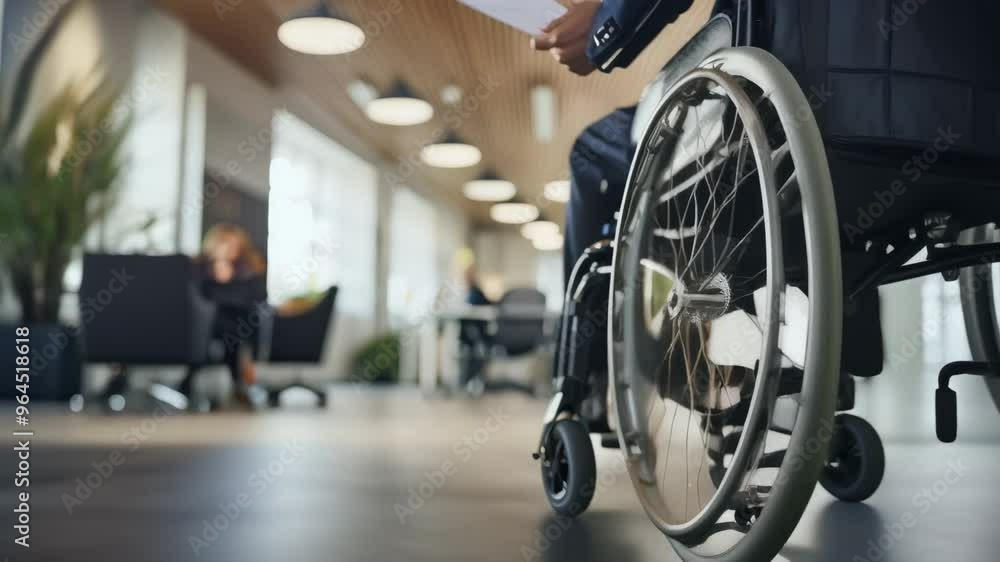 Poster close-up of a wheelchair in a modern office, focusing on mobility and accessibility in the professio