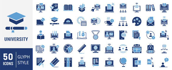 University icon set. Containing distance learning, virtual classroom, online course, e-learning and more. Vector illustration
