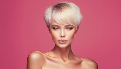 studio portrait of a blonde short haired woman with  nude shoulders on pink background