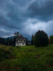 The house is surrounded by trees and mountains, under a dramatic, cloudy sky. High quality photo