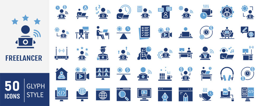Freelancer icon set. Containing self employed, independent work, professional, website, worker, skills icon. vector illustration.