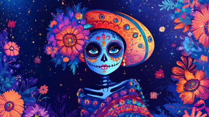 Obraz premium Floral-Adorned Traditional Catrina in Vibrant Colors for Day of the Dead 