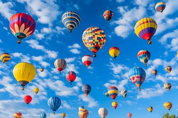 Obraz premium Heißluftballons im sonnigen Himmel bei Sonnenaufgang – Atemberaubende Luftansicht