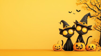 Halloween  Cats Witchy Black  Witchy black cat wearing a pointed hat, surrounded by floating candles, Halloween night, 3D illustration