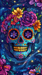 Obraz premium Flower-Covered Sugar Skull Mask on Day of the Dead Night 