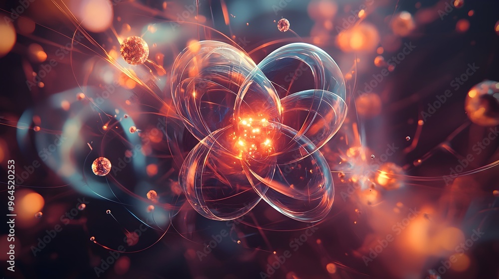 Aufkleber visualization of nuclear fusion and atomic particle interplay