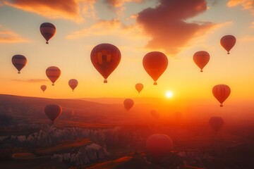 Fototapeta premium Heißluftballons im sonnigen Himmel bei Sonnenaufgang – Atemberaubende Luftansicht