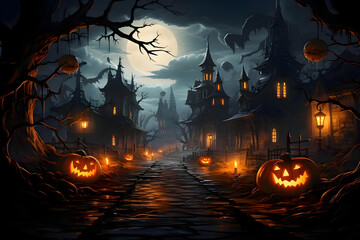 happy Halloween mansion scary pumpkins background
