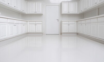 Bright, pristine kitchen interior in white with closed cabinets and door, conveying cleanliness, modernity, and minimalism.