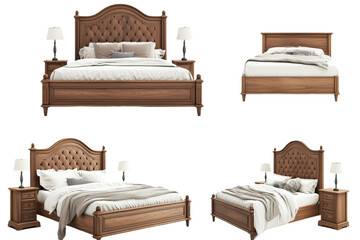 Elegant wooden bedroom furniture set displayed on a transparent background featuring a king size bed, nightstand, and decorative accessories