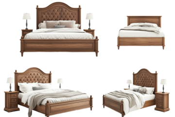 Elegant wooden bedroom furniture set displayed on a transparent background featuring a king size bed, nightstand, and decorative accessories