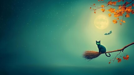 Fototapeta premium Halloween Cats Witchy Black Black cat with glowing green eyes, sitting on a witch's broomstick, full moon background, 3D illustration