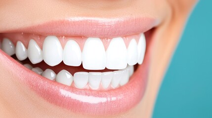 Obraz premium Close-up of a bright and healthy smile showcasing white teeth on a turquoise background. Ideal for dental or oral health promotions.