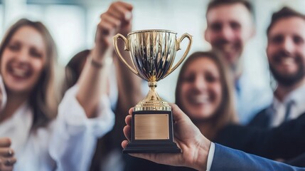 A business team celebrating a successful project launch or achieving a major milestone, with a trophy or award to represent their attainment of success