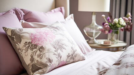 Bedroom decor, modern cottage interior design and home decor, bed linen and elegant country bedding style, lamp and flowers, English countryside house or holiday rental interiors
