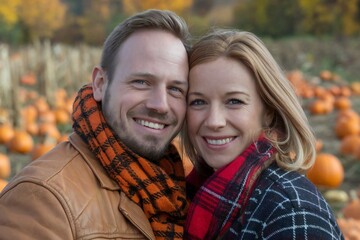 Fototapeta premium Portrait of Happy Couple in Cozy Scarves in a Pumpkin Patch During Autumn