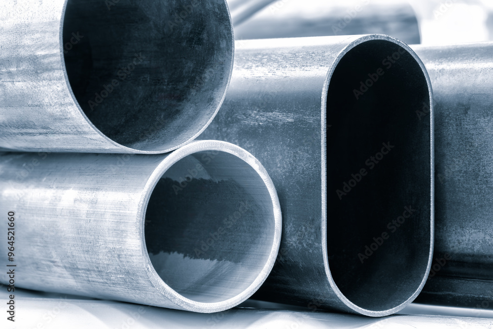 Aufkleber a row of metal pipes with one of them being an oval. the other pipes are rectangular. concept of ind