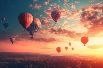 Naklejka premium Heißluftballons im sonnigen Himmel bei Sonnenaufgang – Atemberaubende Luftansicht