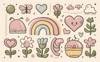 Cute pink icon set of flowers and birds for valentine's day card design