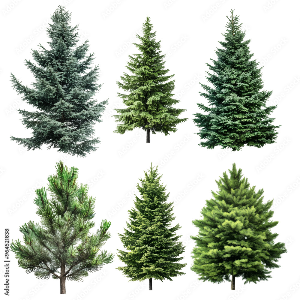 Poster various evergreen trees displayed on a transparent background for educational and design purposes in