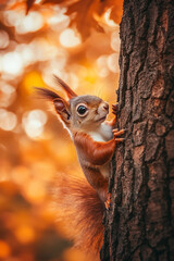 National Geographic Style Photo of a Squirrel Peeking from a Tree with Autumn Leaves Background
