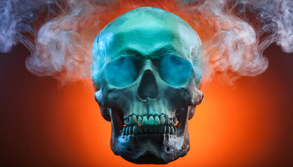 skull, schädel, halloween, neu, orange, farbe, 1, y2k, urlaub, close up, minimal, stil, türkis, feuer, human, flame, rohbau, kopf, bone, entsetzen, death, anatomie, abstrakt, qualm, 3d, ad, modern