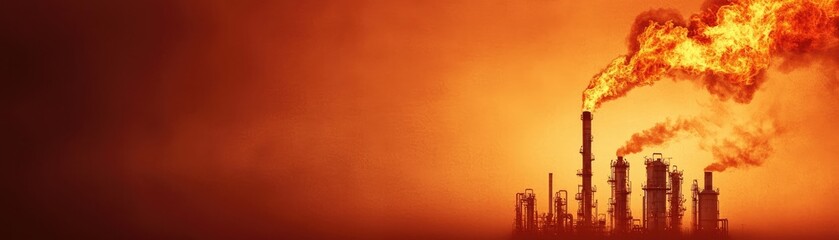 Industrial factory with smokestacks emitting flames against a fiery red sky, symbolizing industrialization and pollution.